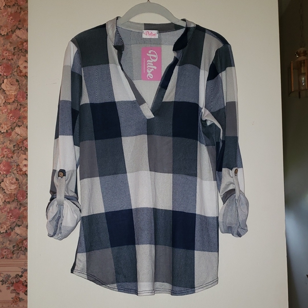 Blue Plaid V-Neck Top